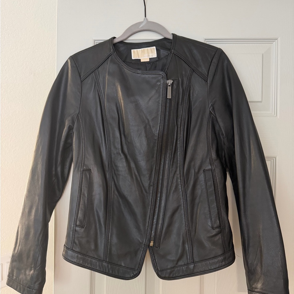 Michael Kors Black Leather Asymmetrical Zip Jacket